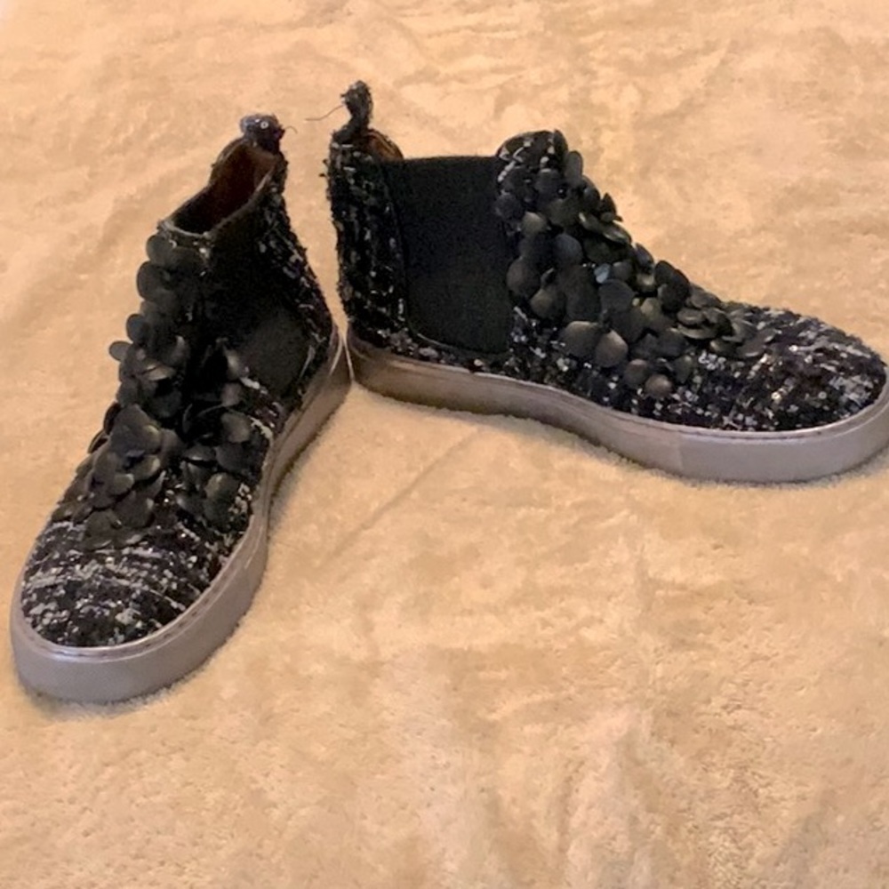 RAS Black Tweed and Leather Short Booties- Decorations on Front-Sz.39